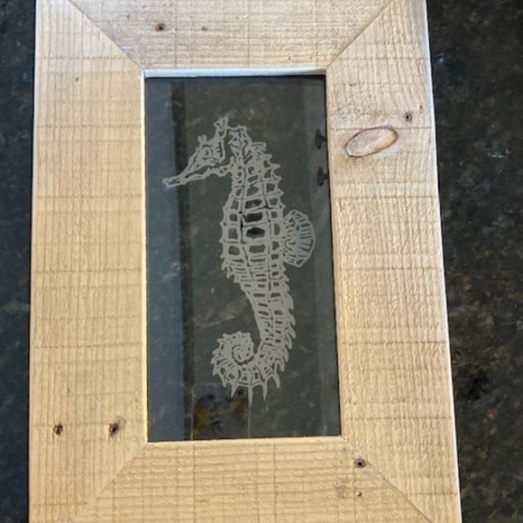 Seahorse Handmade Etched Glass & Wood Frame Art - Industrial / Farmhouse style - Picture 5 of 5